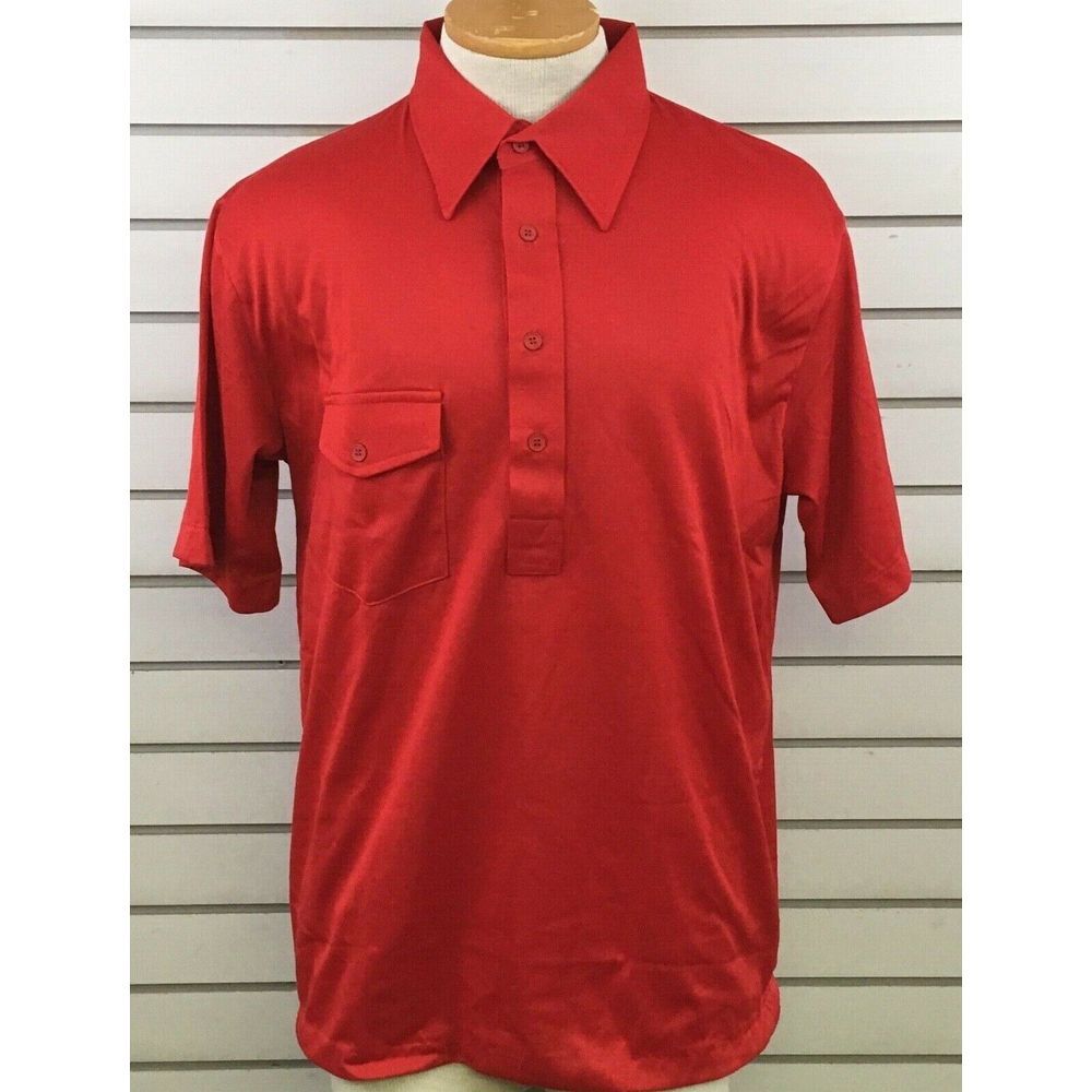 Mens L Russell Athletic Polo Shirt Red Polyester Short Sleeve Flap Pocket Casual
